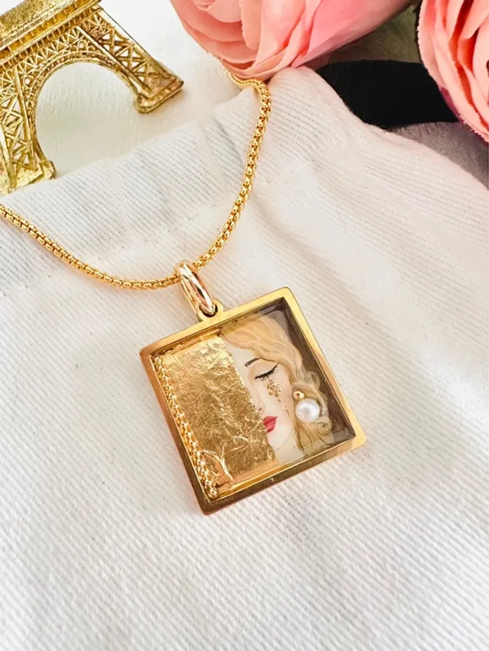 🥲Collier artisanal unique avec perle d’eau douce naturelle – inspiré de Gustav Klimt - photo numéro 3