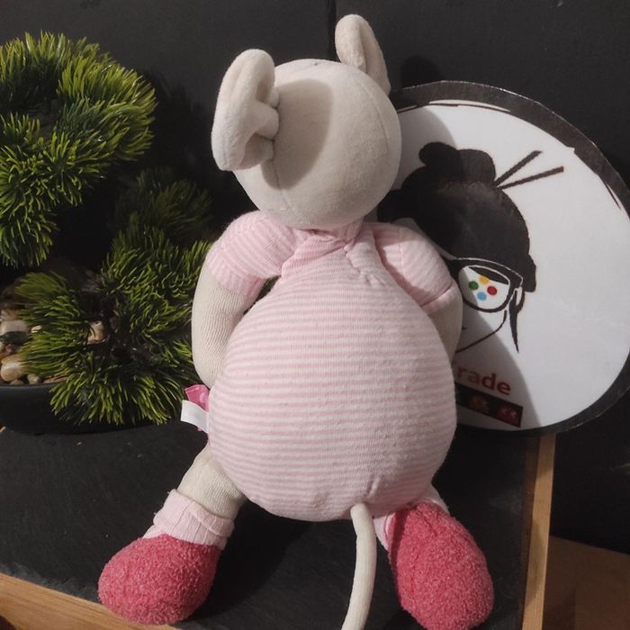 Doudou Souris Lila Patachon rose rayé moulin roty peluche 30 cm Salopette Bouton - photo numéro 2