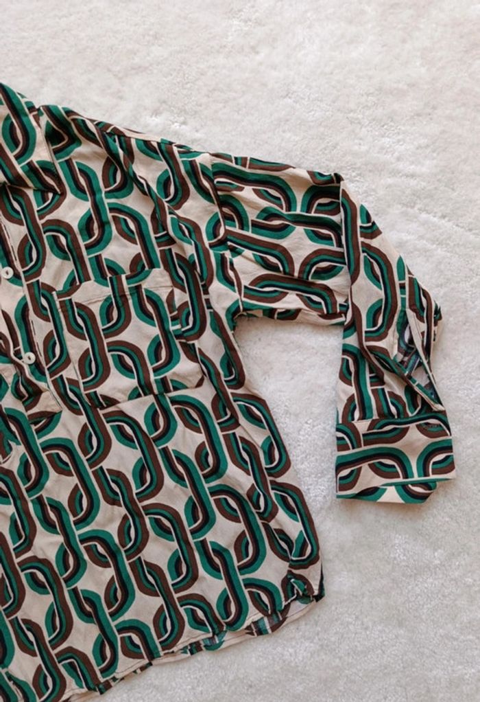 Blouse chemisier Mango XS beige vert motifs 70's vintage manches longues légères - photo numéro 6