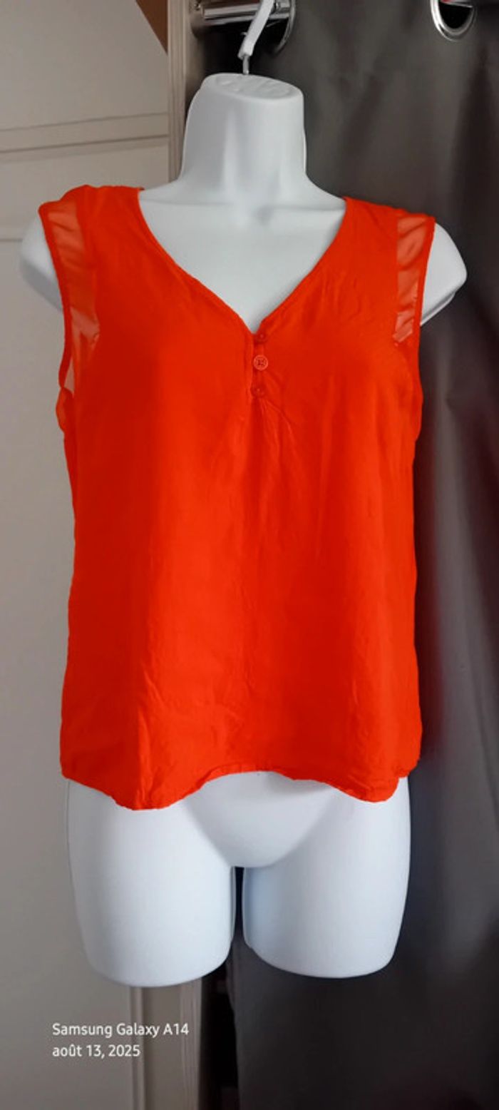 Blouse sans manches bimatiere col V boutonné gaufré orange femme 38 naf naf - photo numéro 8