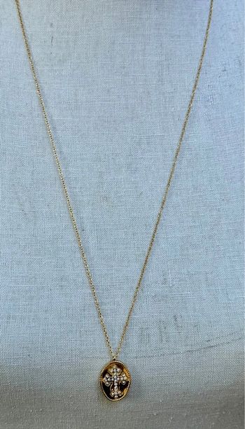 Collier sautoir acier inoxydable or réglable médaille xl croix cristaux