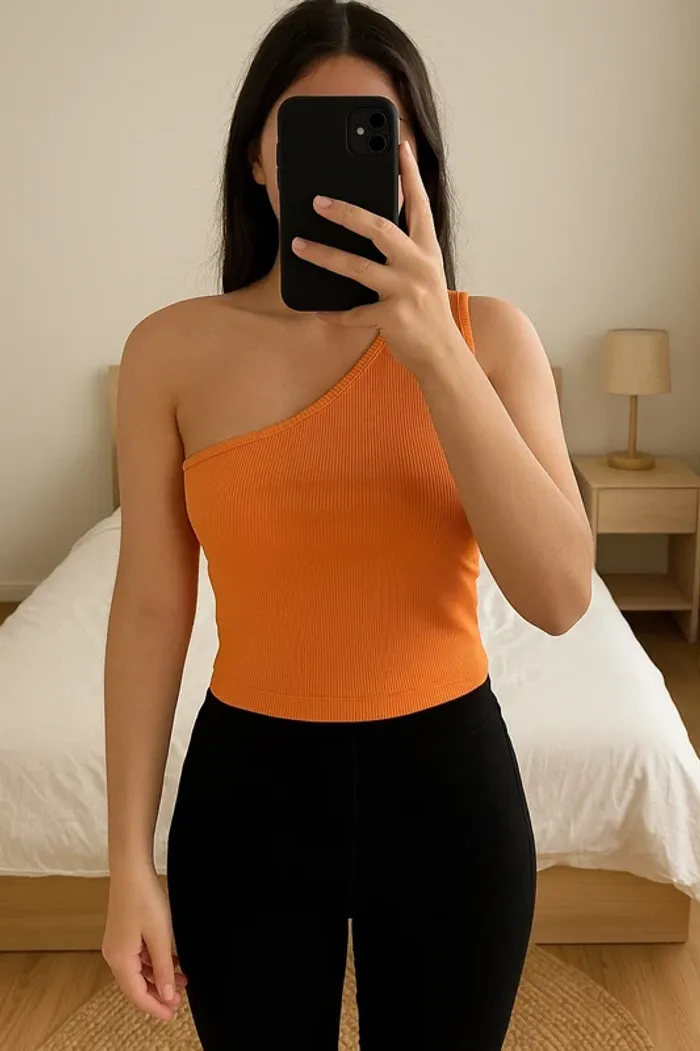 🧡 Top asymétrique 1 épaule dénudée orange vif  Taille XS 🧡