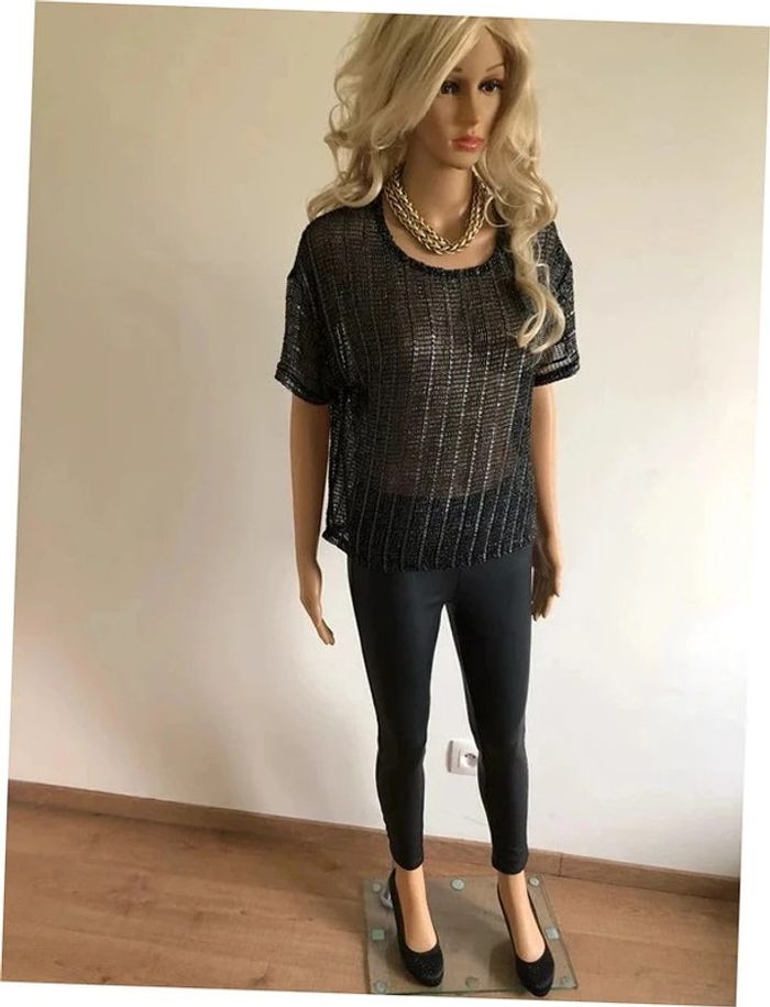 Top noir et argenté à manches courtes Morgan taille S TBE - photo numéro 4