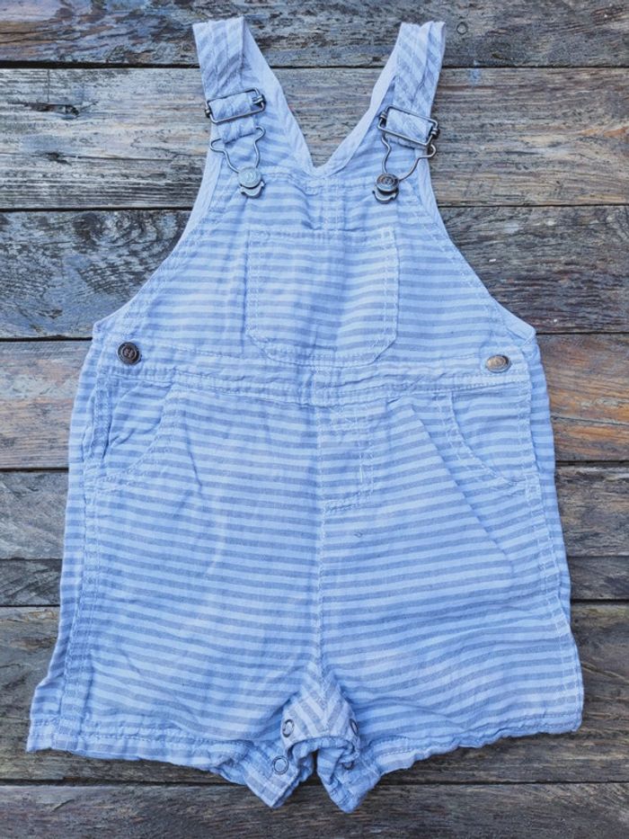 Superbe salopette short légère (lin et coton) Natalys, blanche rayée gris/bleu, 12 mois (1an)