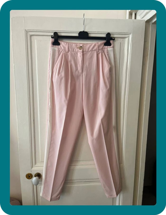 Pantalon carotte laine fine rose à bandes blanches taille 36 - Pablo - photo numéro 4