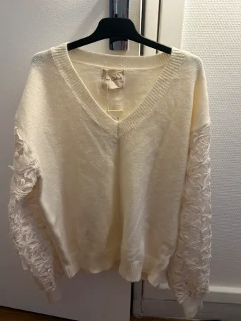 Pull beige manches fleuries.