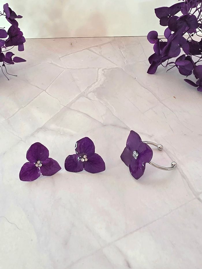 Coffret boucles d'oreille et bague hortensia violette