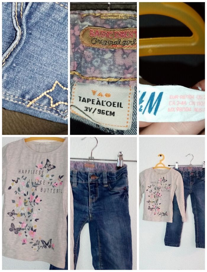 3 ans Ensemble 2 p tao, h&m Tee-shirt fleuri et jean bleu toutes saisons /Excellent état - photo numéro 4