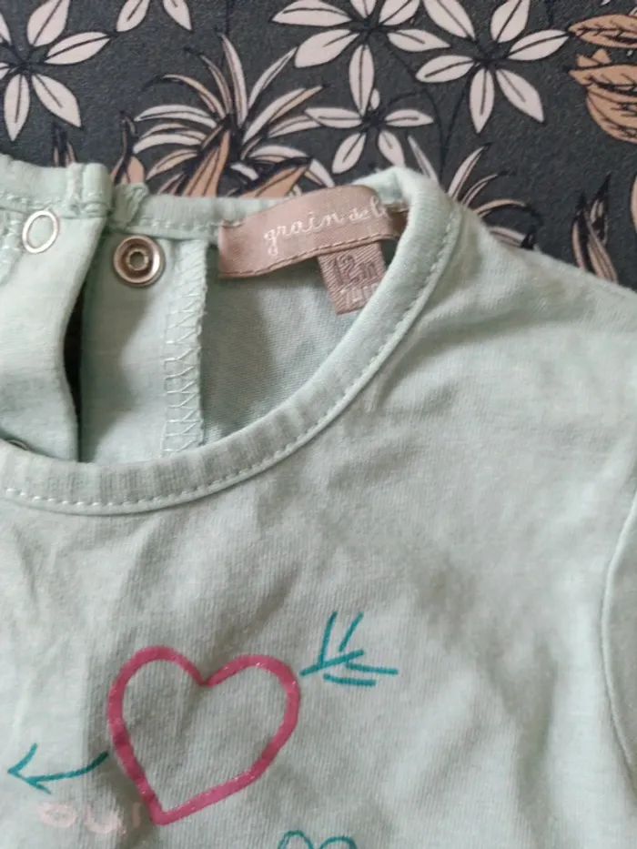 Tee shirt grain de blé 74cm turquoise petits coeurs - photo numéro 2