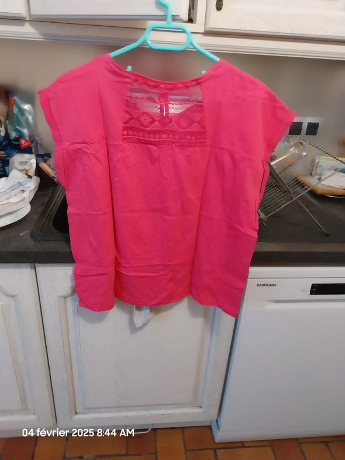Tee shirt coton bio dentelle CEBANE - taille 46 - couleur framboise - La Fiancée - photo numéro 10