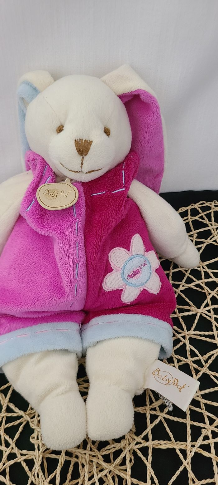 Doudou lapin blanc salopette rose bleu fleur BABY NAT - photo numéro 2