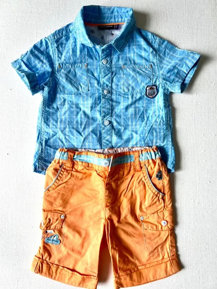 Ensemble été Sergent Major 12 mois 74 cm - chemisette à carreaux + short orange – très bon état