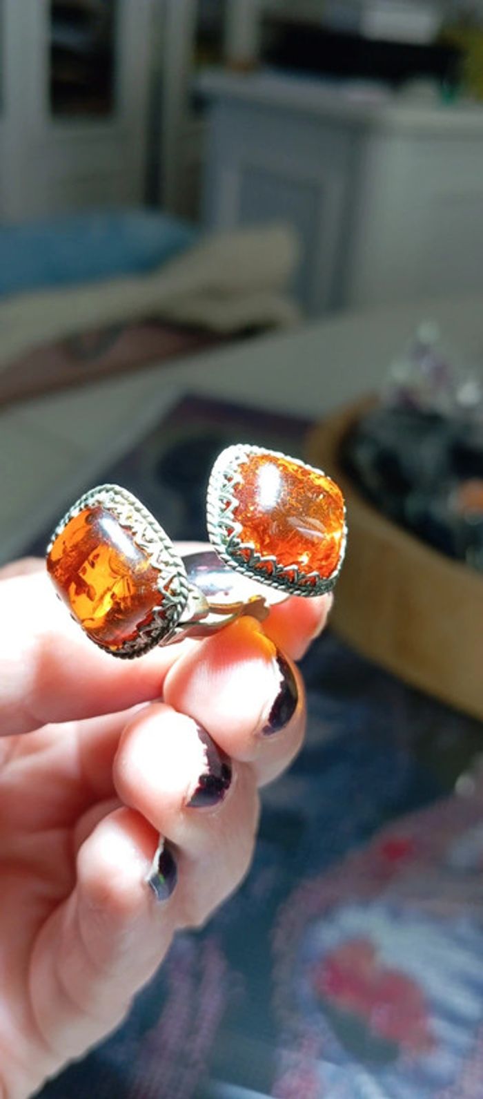 Clips d'oreilles ancien ambre et argent - photo numéro 5