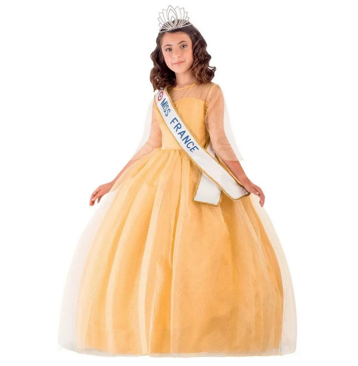 Robe Miss France Deluxe jaune Upyaa 8/10 ans sous housse avec cintre satin, Déguisement princesse