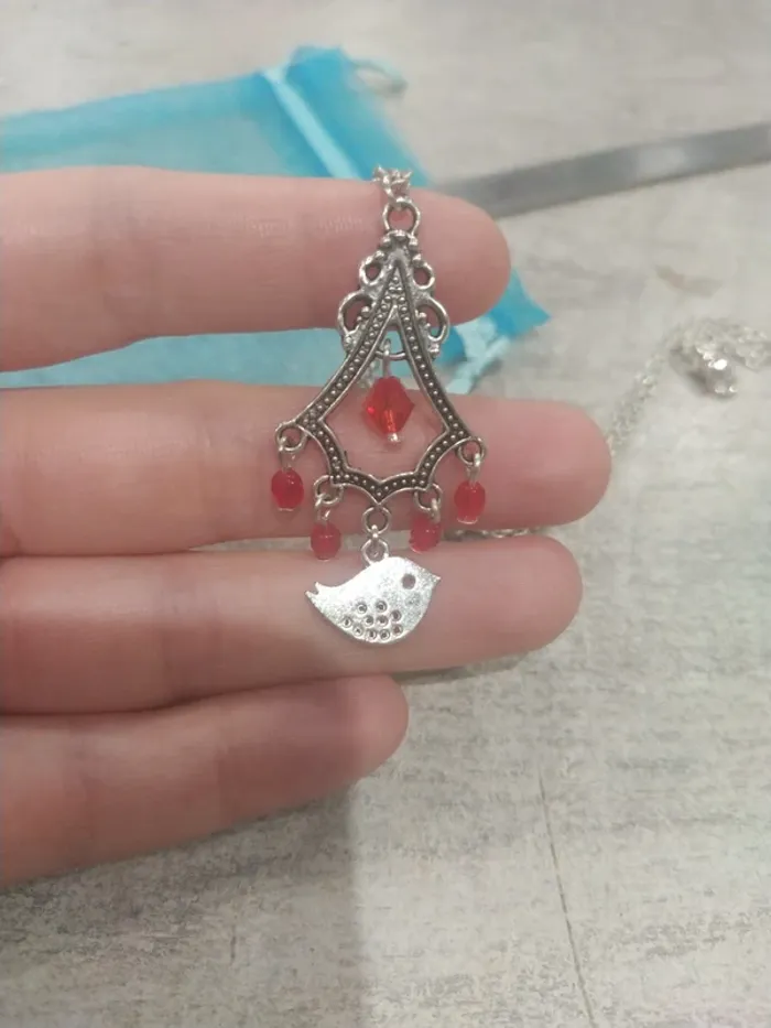 Ensemble collier et boucle d'oreille oiseau et perle rouge - photo numéro 8