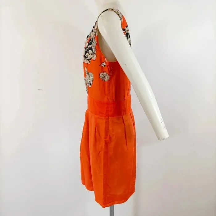 Robe d'été Orange, plastron fleurs Col rond et dos en V Taille M - Coton/Soie A440 - photo numéro 3