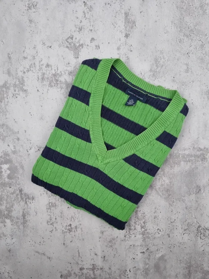 Pull torsadé rayé vert et bleu marine Tommy Hilfiger – Taille XS Femme (mesures en photos)