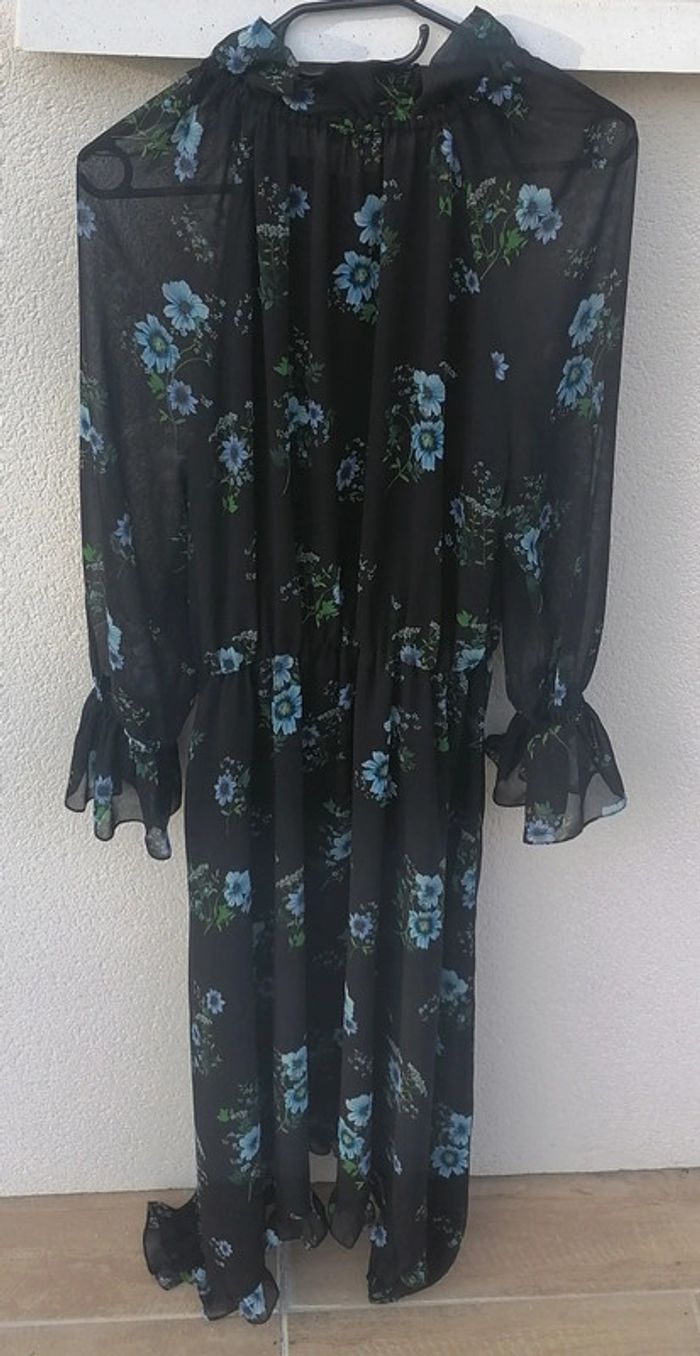 Robe mi-longue froufrou noir fleurs bleu vert Taille S Claudie Pierlot - photo numéro 8