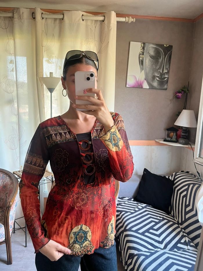 Top ethnic à boucles y2k 2000yer grunge bohème champêtre mesh vintage - photo numéro 2