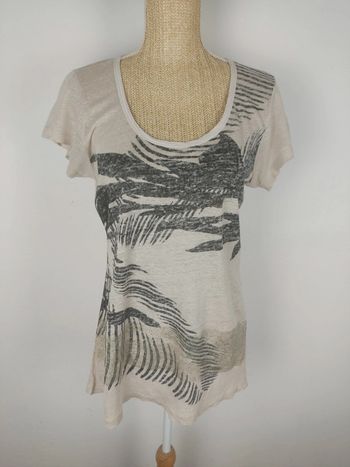 Tee-shirt manches courtes beige motif noir et doré 100% lin taille 38 / 40 Miss Captain