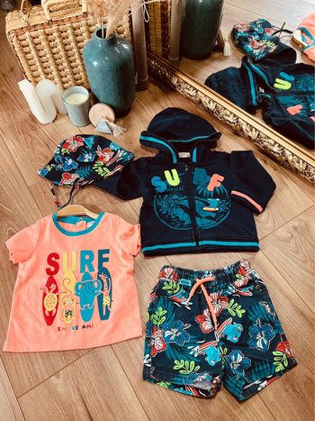 Taille 9 mois ensemble 4 pièces garçon DPAM bleu marine et orange fluo * surf * 💙