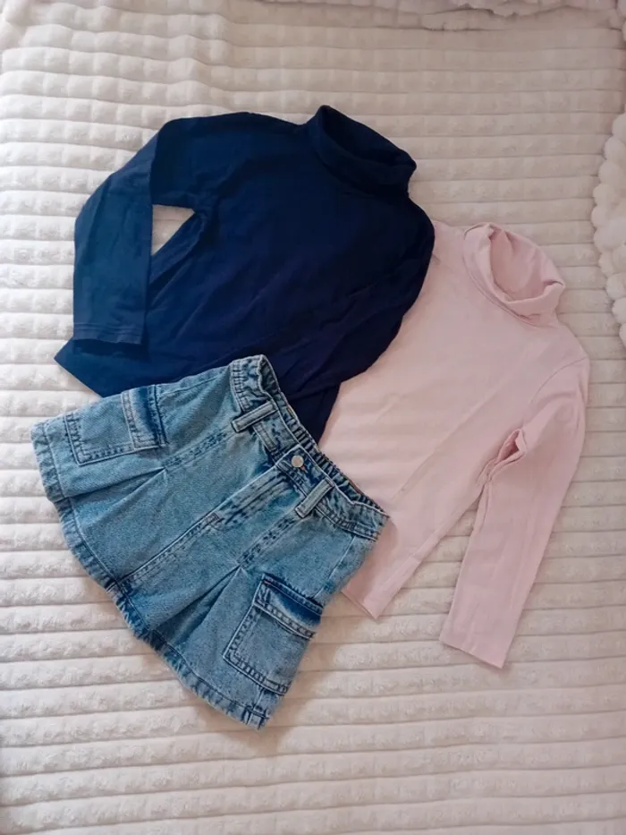 Ensemble fille 2 pulls + jupe denim 6ans 🩶🌼