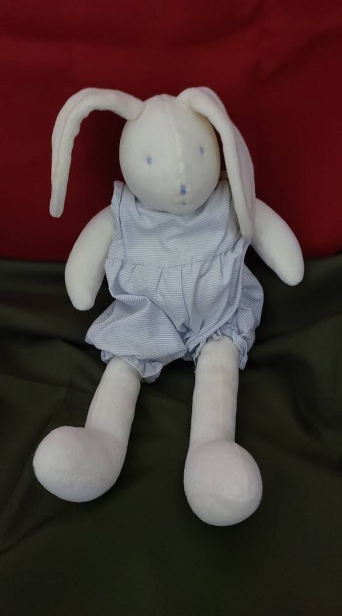 Doudou lapin blanc rayé bleu MOULIN ROTY - photo numéro 3