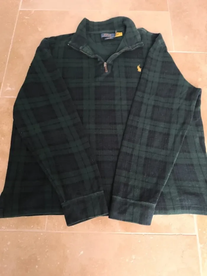 Pull quart Zip homme écossais L Ralph Lauren vert motif carreaux logo jaune excellent état - photo numéro 12