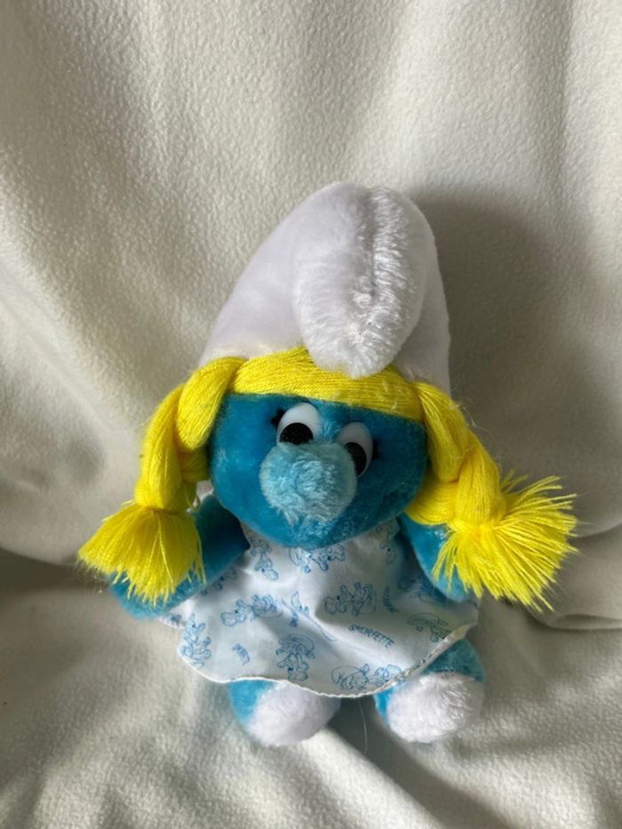 Peluche Schtroumpfette vintage – Étiquette Peyo 1981