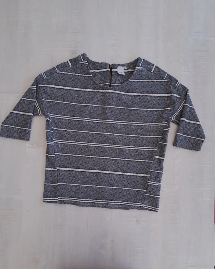 Blouse Ichi rayée gris blanc - taille XS - zip au dos - demi-manches