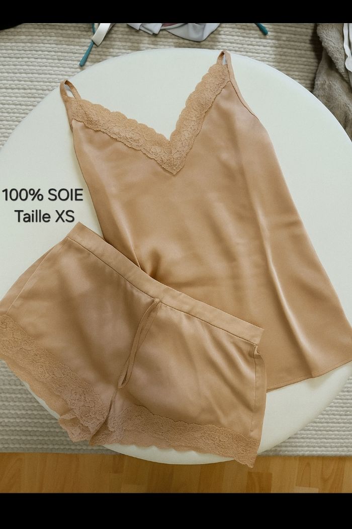 Ensemble pyjama short caraco beige 100% soie - Etam - Taille XS : 34