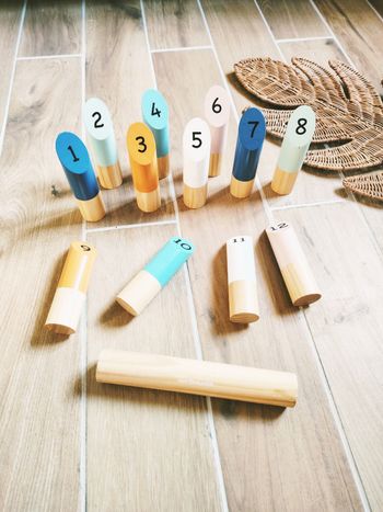 🎳 Lot de quilles Finlandaise en bois numérotées marque Vertbaudet
