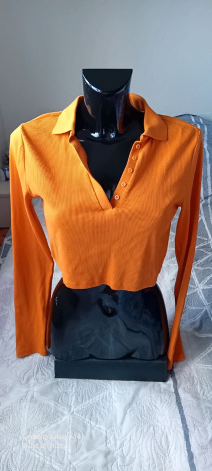Polo court manches longues maille côtelée col en V à boutons orange femme L zara - photo numéro 3