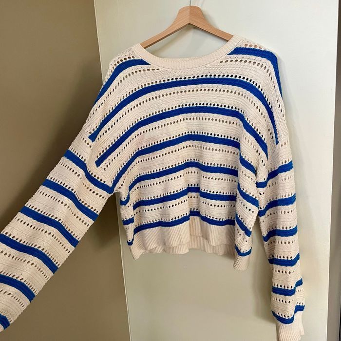 Pull ajouré coton rayé bleu blanc écru BZB taille L 100 % coton maille printemps été légère V060 - photo numéro 3