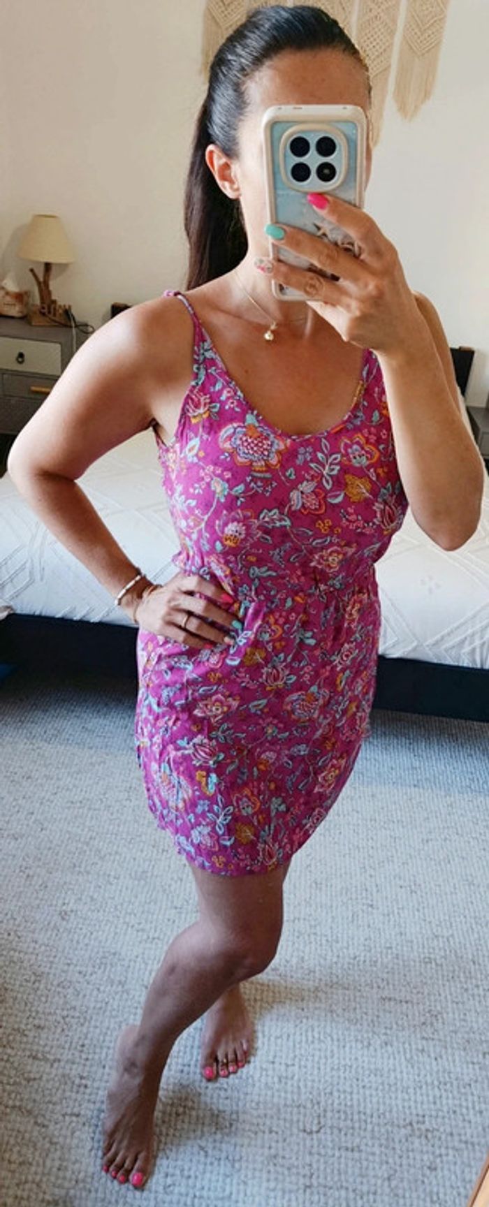 Robe d'été American Vintage S rose fuchsia motif fleuri feuillage taille élastique - photo numéro 2