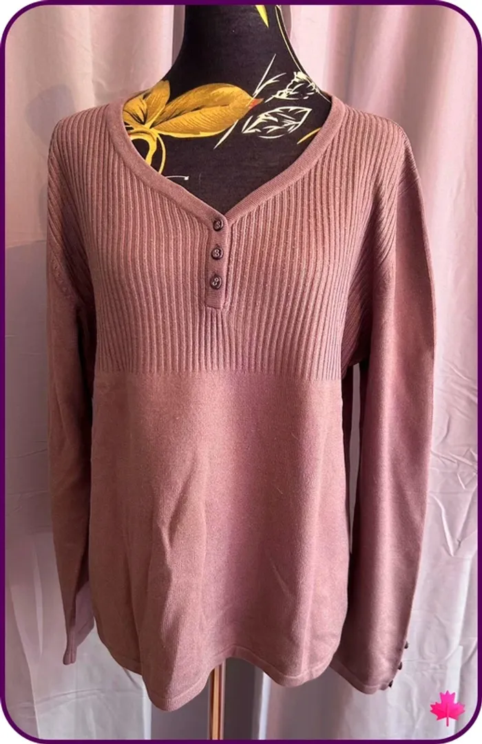 Pull Marron Rosé Col V Damart - Maille Côtelée - Grande Taille XL/XXL