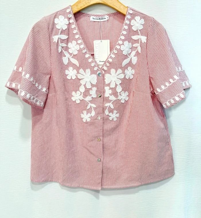 Chemise blouse top rose fleurs coton