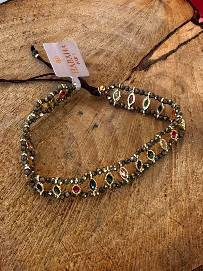 Bracelet manchette fils tissés perles pyrite cristaux losanges serties habaha Paris - photo numéro 4