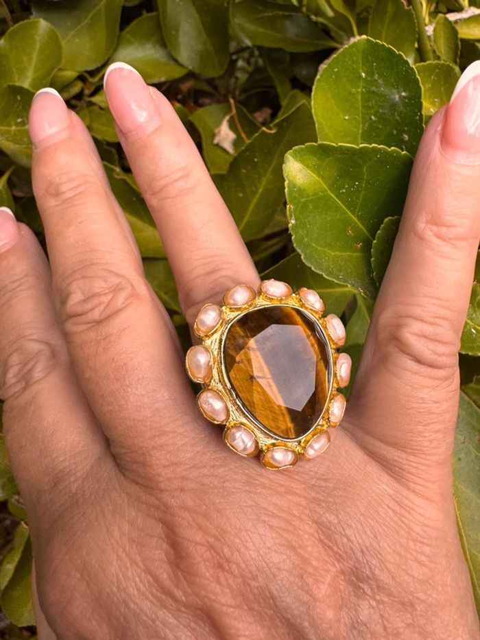 Grosse bague habaha Paris acier inoxydable or habaha Paris œil de tigre perles d’eaux douces - photo numéro 2