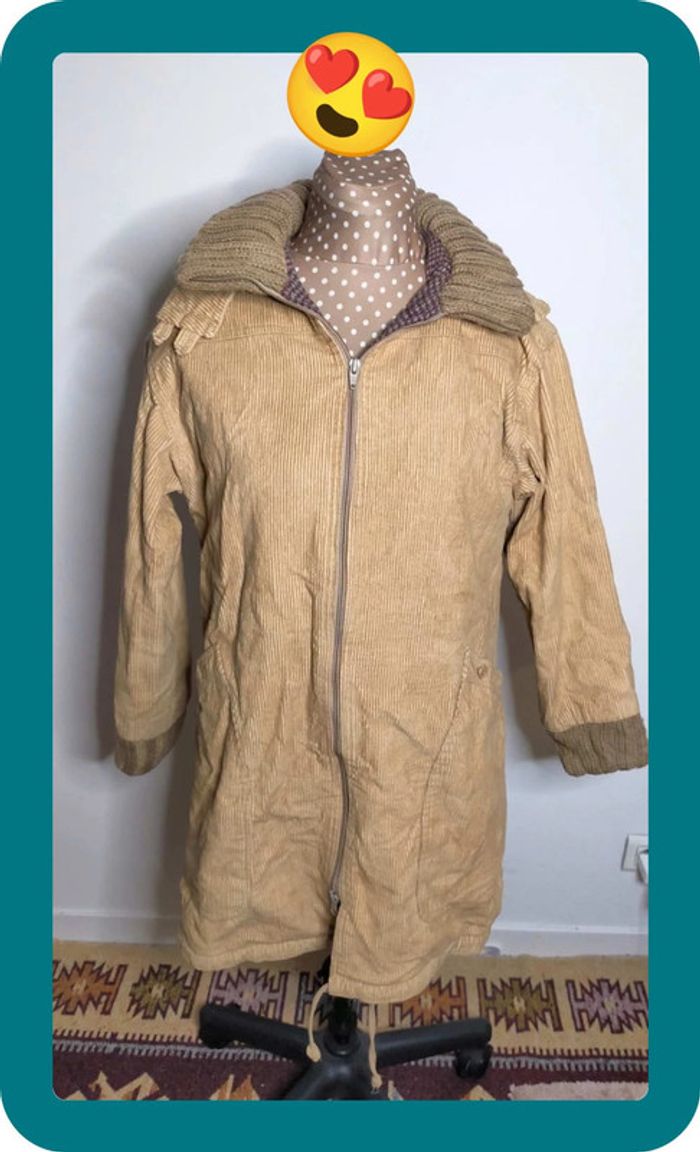 Manteau à capuche détachable beige coton, aspect velours, femme, taille 38