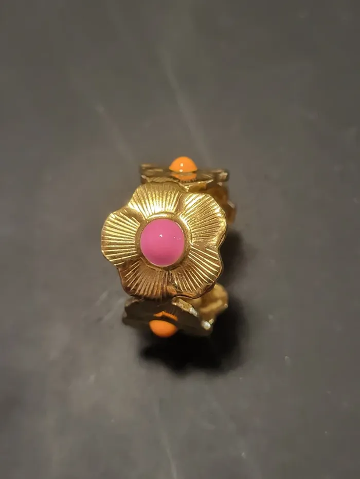 Bague acier inoxydable ajustable avec fleurs roses et oranges - photo numéro 3