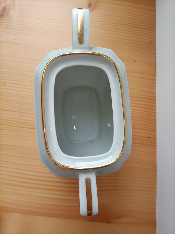 Sucrier pot porcelaine de Limoges vintage blanc bleu motif fleurs doré bon état - photo numéro 5