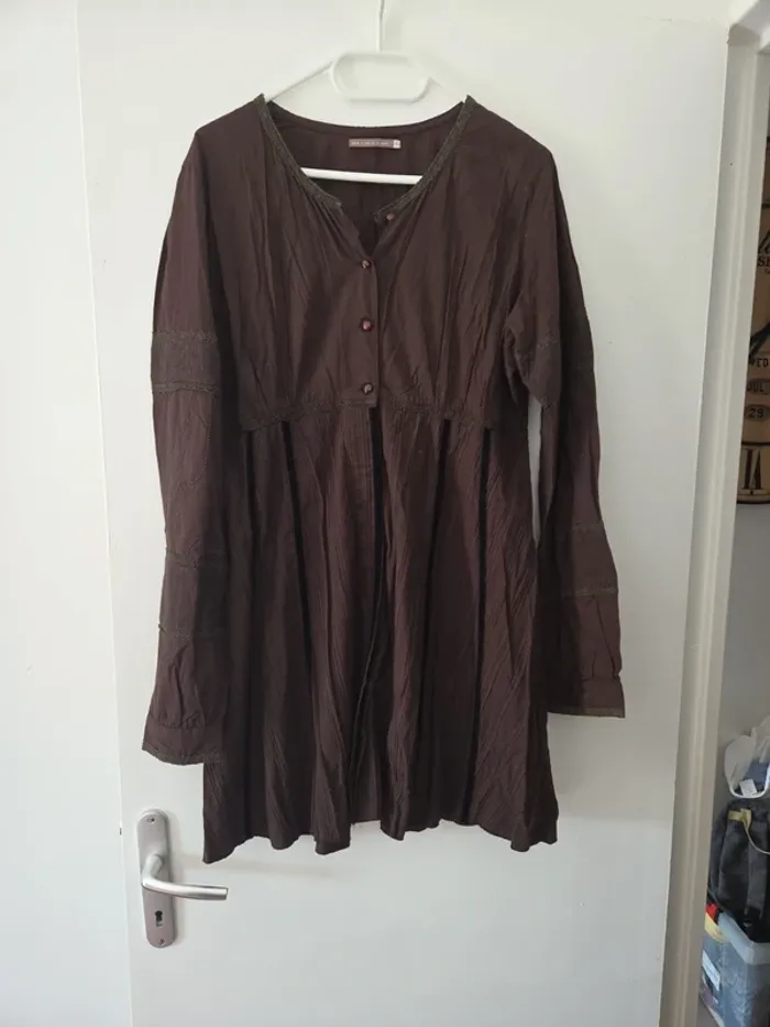 Tunique robe marron femme brodée TBE 100% coton Taille 4 mais il est où le soleil