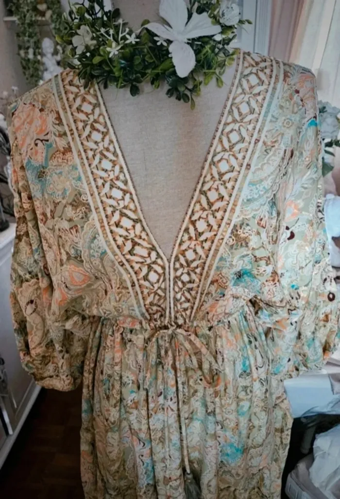 Robe bohème longue en soie vert multicolore Taille 40 Neuve - photo numéro 5