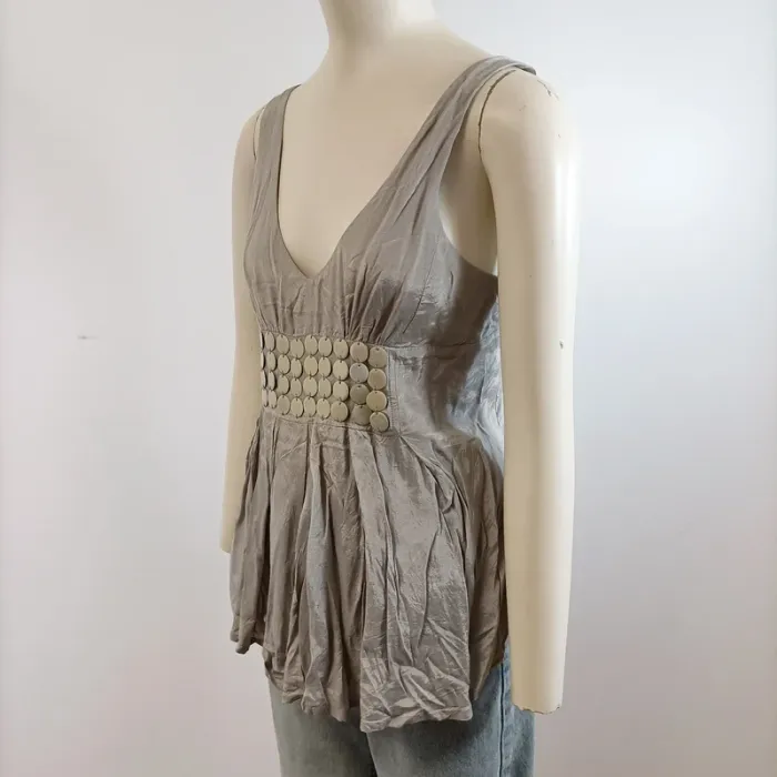 Haut fluide Kookaï gris perle détail plastron rondes T40 col plongeant A1578 - photo numéro 8