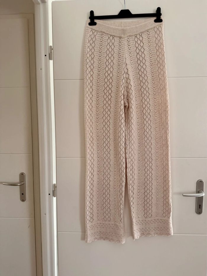 Ensemble maille tricot beige broderie pantalon top sans manches beige crème été coton M L - photo numéro 2