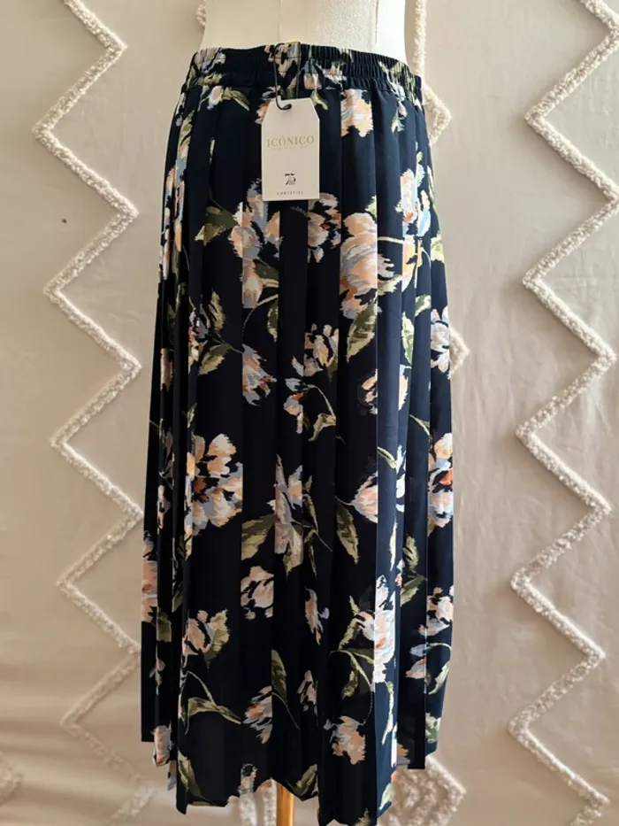 Jupe midi plissée fleurie bleu marine Cortefiel Iconico – taille S - photo numéro 4