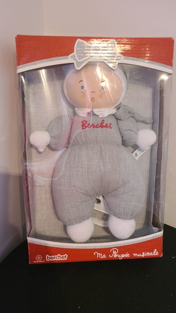 Doudou Peluche Berchet Poupee En Chiffon Tissu Gris Broderie Rouge 28cm env. non utilisé