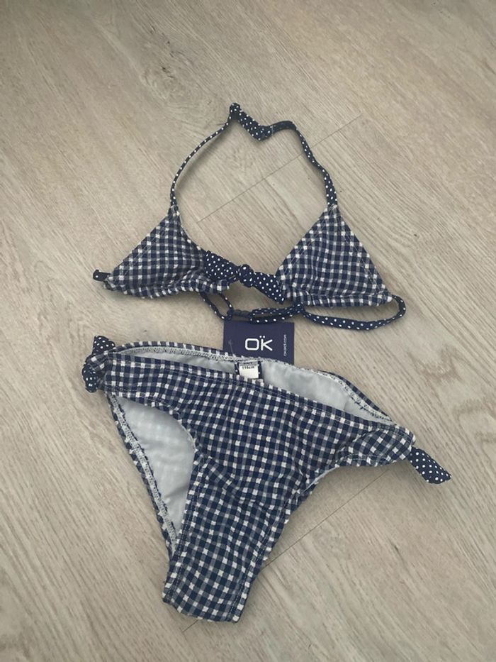 Maillot de bain bikini, Okaïdi, Vichy blanc et Marine taille 6 ans, neuf