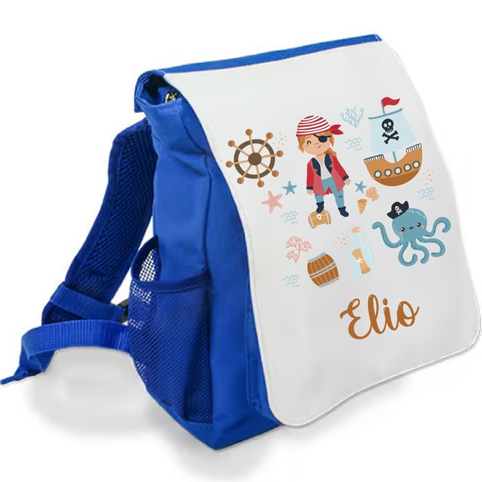 Sac à dos bleu maternelle personnalisé prénom - Thème pirate - Rabat imprimé amovible - Sac crèche garçon